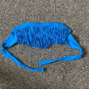 Blue Fringe Strapless Bikini Top